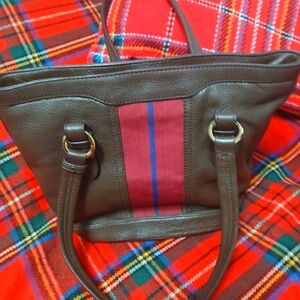 Elegant Brown Tote with Red and Blue Accent